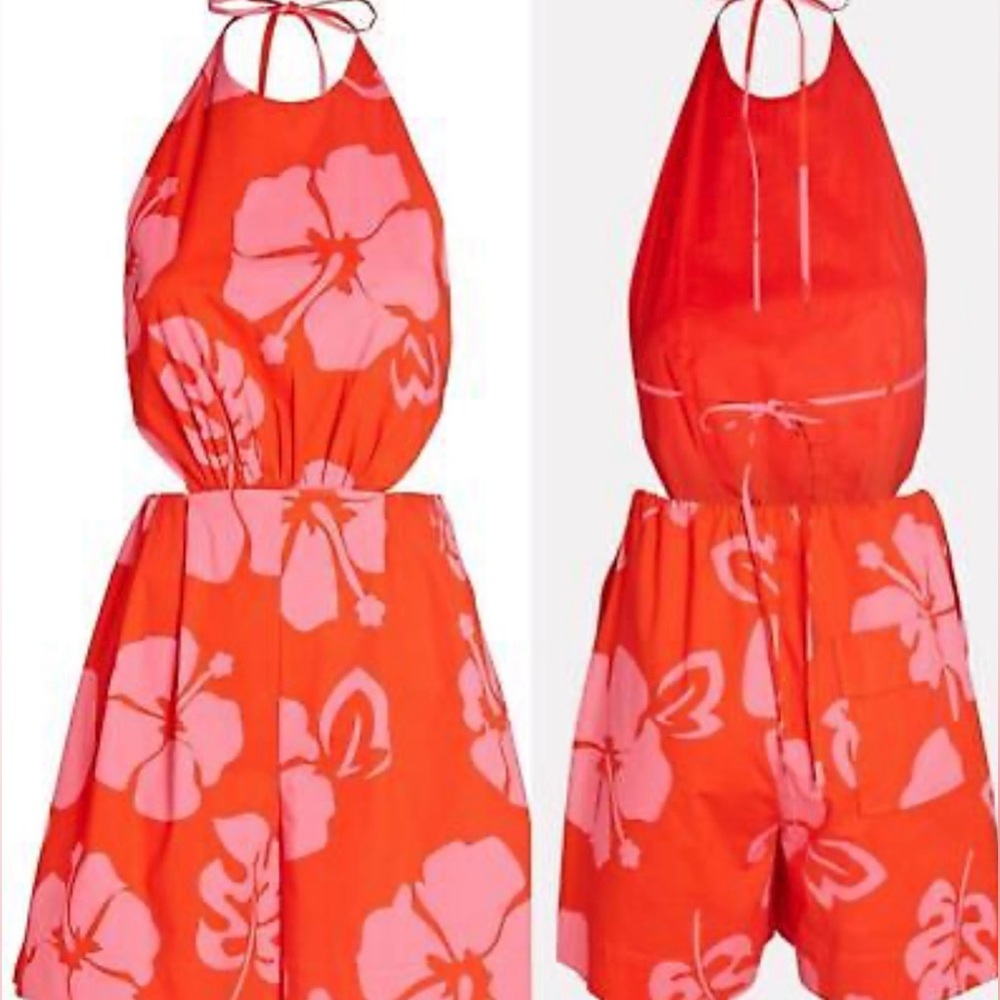STAUD Georgia Floral Romper Red Pink Tropical Halter Cutout Resort Summer Size 8 - Picture 4 of 9